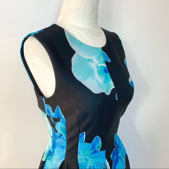 Calvin Klein Blue Floral Print Black Scuba Dress Sleeveless Fit n Flare sz 6 8 - Picture 5 of 16